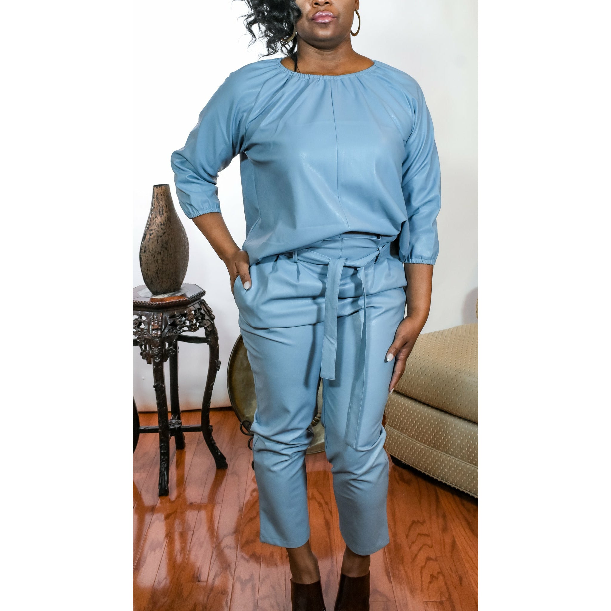 French Blue Vegan Leather Blouse